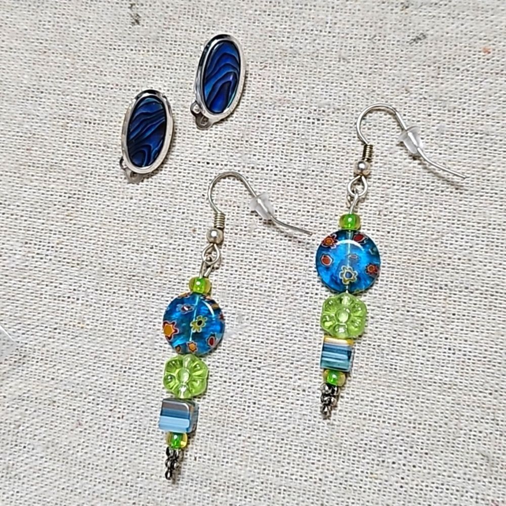 Set of 2 Vintage Blue Millefiori  Bead Dangle Earrings Abalone OOAK